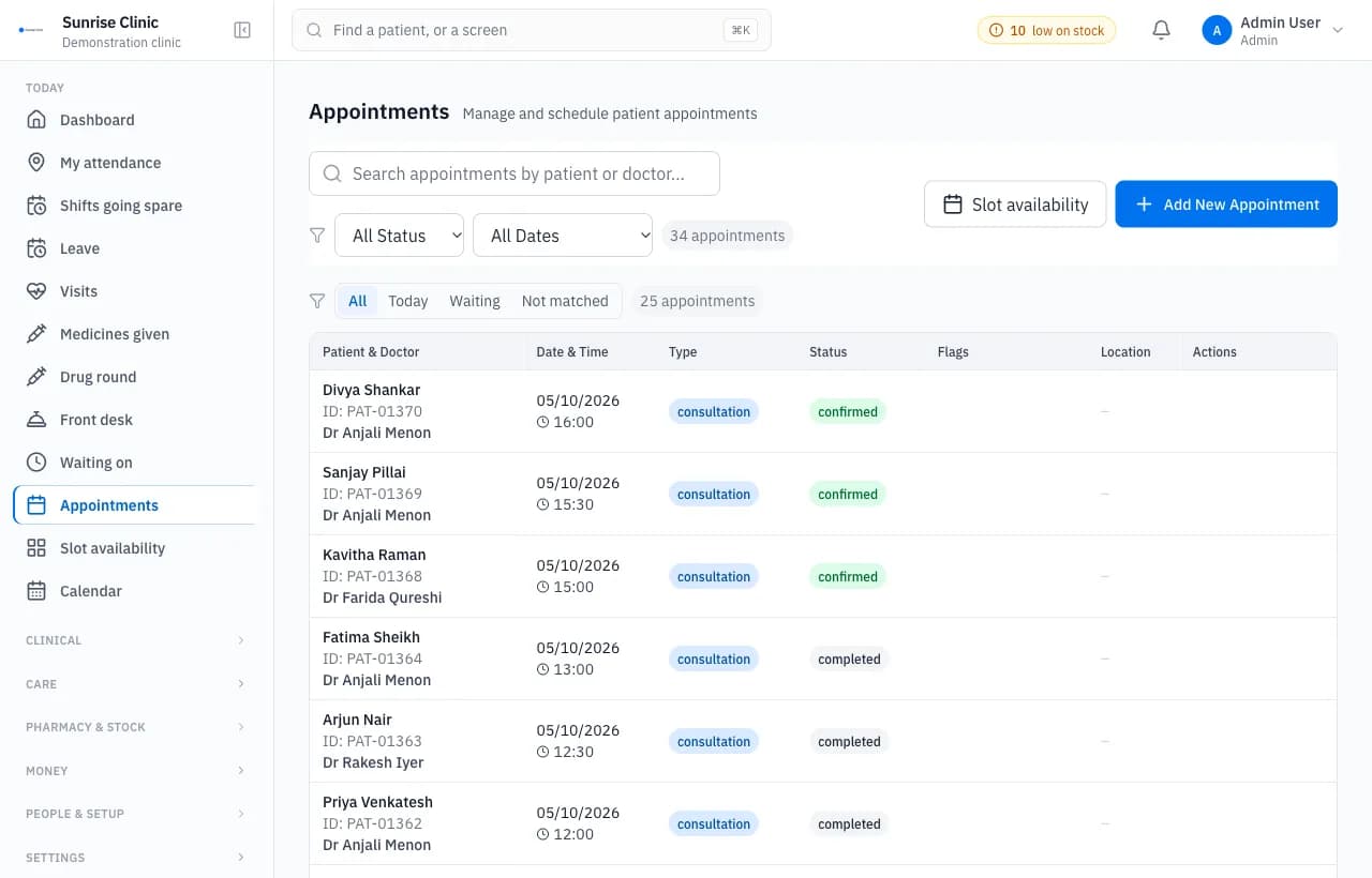 The day’s appointments, with status, doctor and time against each booking