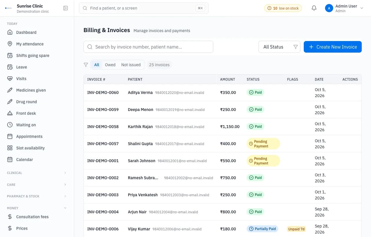 The invoice list, showing what is drafted, billed and paid